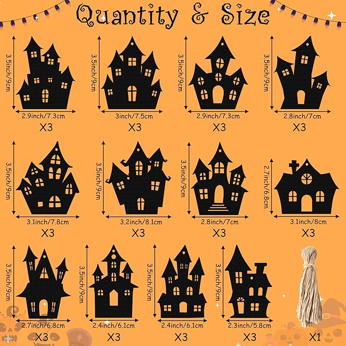 Haooryx Halloween Haunted House Wooden Ornaments - 36 Pcs Black Eerie Haunted House Themed Pendants Wood Craft Gift Tags Hanging Ornament with Ropes for Halloween Party Haunted House Decoration Supply