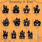 Haooryx Halloween Haunted House Wooden Ornaments - 36 Pcs Black Eerie Haunted House Themed Pendants Wood Craft Gift Tags Hanging Ornament with Ropes for Halloween Party Haunted House Decoration Supply