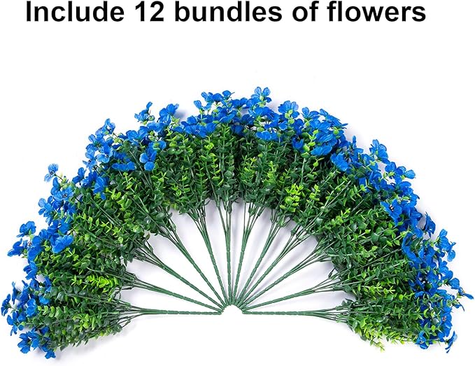 Artificial Flowers for Outdoors Daisy 12 Bundles for Home Decoration, Faux Flower Fake Plants Outside Decoration with Eucalyptus UV Resistant for Planter Porch Patio Yard Garden Blue