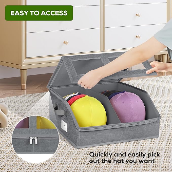 Hat Storage for Baseball Caps-Holds Up to 24 Caps, Hat Organizer for Closet Stackable Hat Box with Cardboard, Dustproof Baseball Cap Organizer with 2 Handles for Home Travel (Grey, 1 Pack)