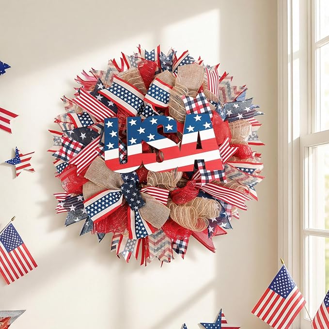 Patriotic Wreath for Front Door, 24 inch 4th of July Decorations with Red White Blue USA Tags for 250th Anniversary American Independence Day Memorial Day Decor