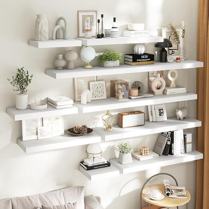 40 Inch Long Floating Shelves for Wall Set of 2, 12"D Wood Grain Bathroom Shelves with Invisible Brackets, Easy Install Engineered Wood Storage Shelves for Kitchen, Living Room, Bedroom, White Finish
