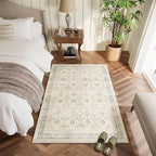 Washable 3x5 Entryway Rug, Boho Non-Slip Vintage Distress Small Rugs for Kitchen Nursery Office Bedroom, 0.3" Neutral Oriental Throw Thin Carpet with Cushioning Pad, Grey/Beige/Orange/Multi