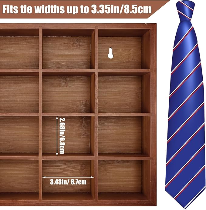 Wesiti Tie Box Organizer Wall Mounted Tie Rack with 16 Compartments Bamboo Belt Holder for Men Scarf Necktie Home Wall Closet (Dark Brown Color,1 Piece)