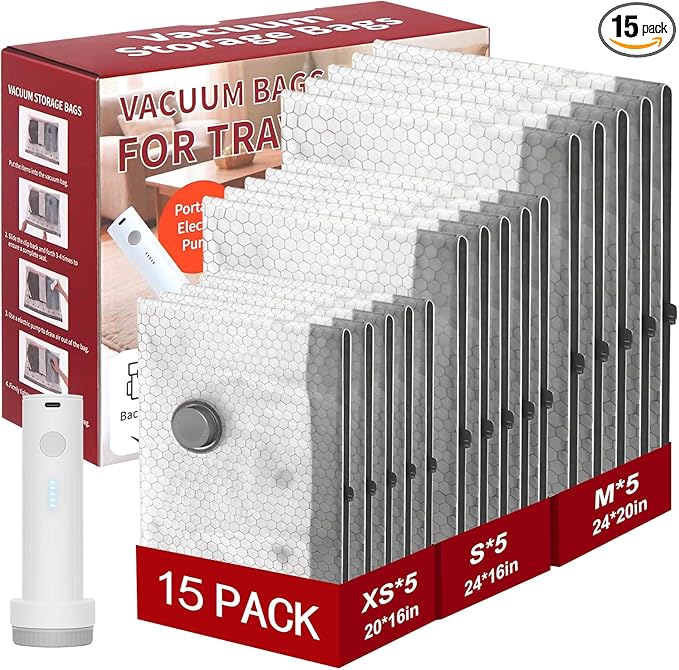 Rechargeable Wireless Pump Travel Storage Bags Set, 15 Combo (5XS/5S/5M) Portable Space Saver Bags for Travel & Home, Vacuum Compression Packing Seal for Clothes, Blankets, Home Seasonal Storage