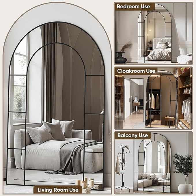 Antok 81" x 41" Full Length Mirror, Floor Mirror Arched Window Decorative Mirror, Metal Framed Decor Farmhouse Floor Mirrors Art Pane Mirrors Wall Decor for Bedroom, Living Room, Entryway Bronwn