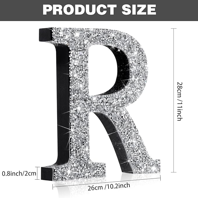 Qunclay 12'' Silver Crystal Diamond Bling Letters Crushed Diamond Decoration Wooden Glitter Letter with Screw and Hooks Rhinestone Gift for Wedding Y2k Mcbling Bedroom Wall Decor (Letter R)