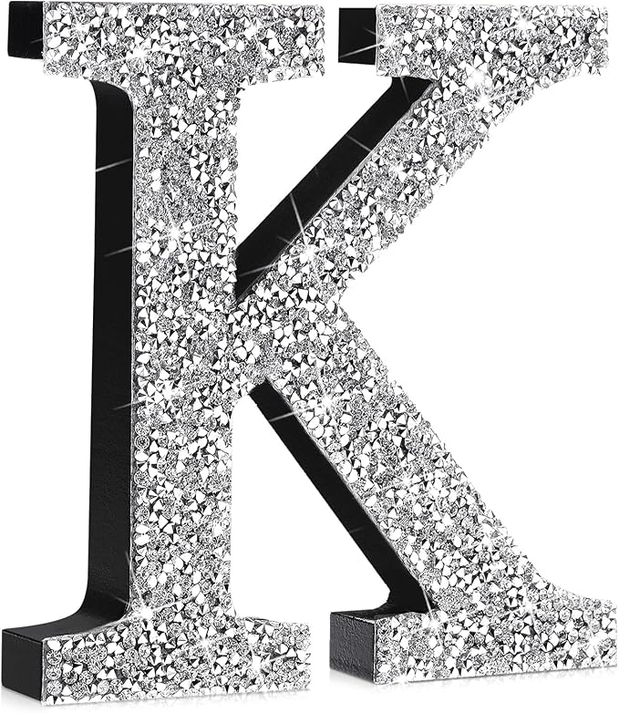 Qunclay 8'' Silver Crystal Diamond Bling Letters Crushed Diamond Decoration Wooden Glitter Letter with Screw and Hooks Rhinestone Gift for Wedding Y2k Mcbling Bedroom Wall Decor (Letter K)