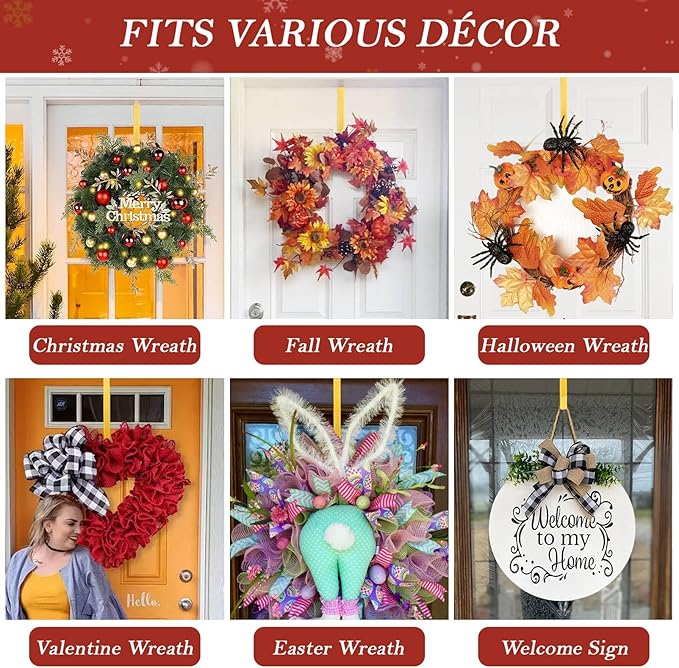 12" Metal Wreath Hanger for Front Door Non-Scratch, 2 Pack Gold Wreath Hanger Heavy Duty, Over-the-Door Hooks for Hanging Welcome Sign, Wreath Holder for Easter, Halloween, Fall, Christmas Decorations