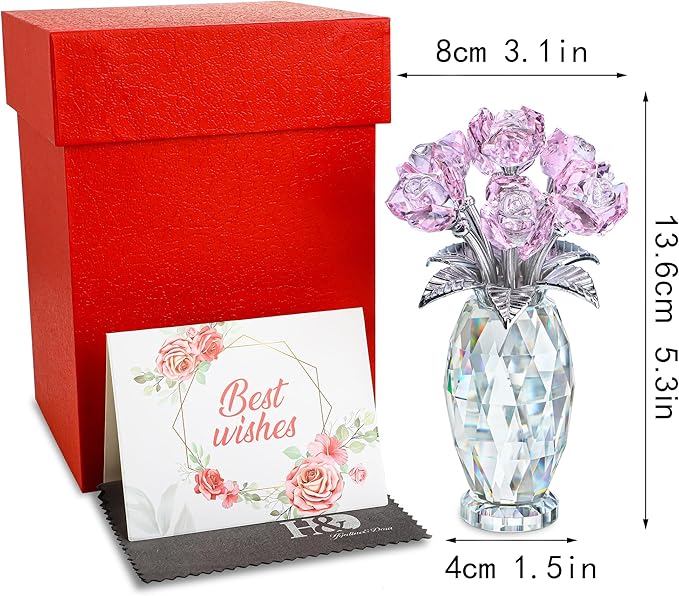 H&D HYALINE & DORA Pink Crystal Rose Flower Figurine,Glass Rose Flowers Gifts for Women,Crystal Rose Flower Collectible for Christmas Wedding Decor
