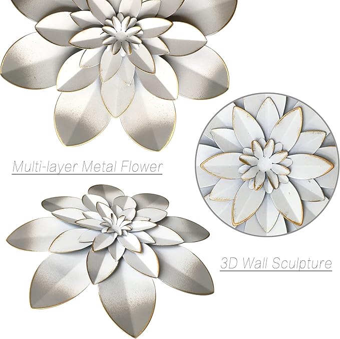 White Metal Flower Wall Art Decor, 9.5“ Rustic Modern Floral Sculpture, Distressed Hanging Home Decoration Accent Artworks for Indoor Bedroom Living Room Office Outdoor Garden Patio