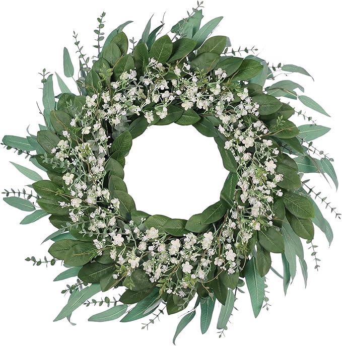 26'' Eucalyptus and Babys Breath Flowers Wreath for Front Door - Large Artificial Greenery Outdoor Wreath for Porch,Window,Farmhouse,Home,Hanging Decor- Spring, Summer, All Seasons (Green-White)