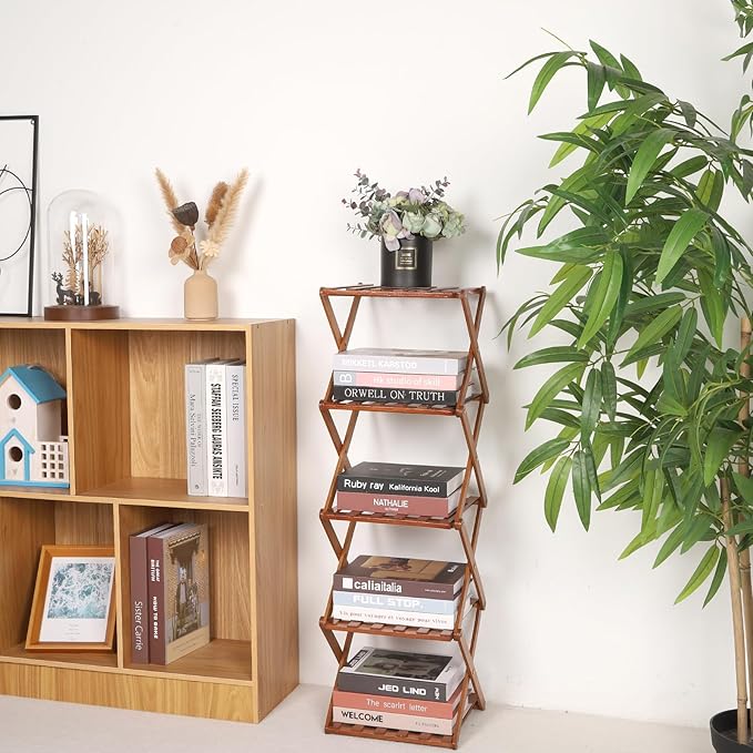 Bamboo Shoe Rack 5 Tier Foldable Shoe Rack Vertical Bamboo Shoe Organizer Free Standing Shelf for Entryway, Closet, Bedroom, Walnut Color