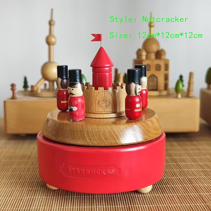Natural Solid Wood Handcrafted Beech Wooden, Musical FigureTotoro/Carousel/Fairy/Ballerina Figurine,Rotating Hand Crank Mechanism Music Box,Musical Decorations (Nutcracker)
