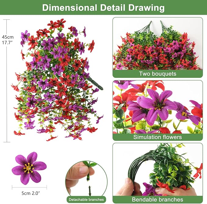 INQCMY Artificial Flowers for Outdoor Faux Hanging Plants Spring Outside Decoration,2Bundles Fake Silk Flowers Realistic Outdoor Flowers No Fade UV Resistant Porch Patio Window Yard Balcony Decor