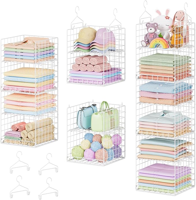 6 Tier Raised-Height Hanging Closet Organizer, Stackable Sweater Organizer for Closet, Wire Storage Basket Bins for Clothes Purse Shoes, Hanging Shelves with 4 Hooks & 3 Dividers Adjustable