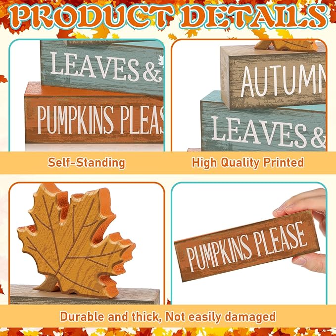 Lineshading 4 Pcs Fall Decorations for Home Thanksgiving Decor Wooden Maple Leaf Fall Table Centerpiece Autumn Tiered Tray Rustic Wood Maple Leaf Block Sign Farmhouse for Home Kitchen Shelf