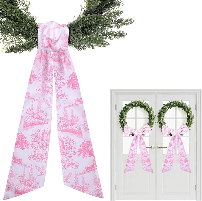 Pink French Toile Wreath Sash - 2 Pcs Sashes for Wreath Front Door Baby Shower Wedding, Rustic Wreaths Sash for Embroidery Monogram Garland Indoor Outdoor