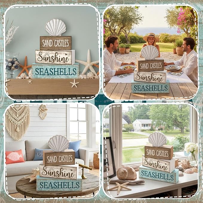 Yuntau 4 Pcs Summer Decorations for Home Beach Shells Wooden Tabletop Decor Summer Tiered Tray Decor Rustic Sand Castles Sunshine Seashells Block Sign Centerpiece Farmhouse Table for Shelf Office