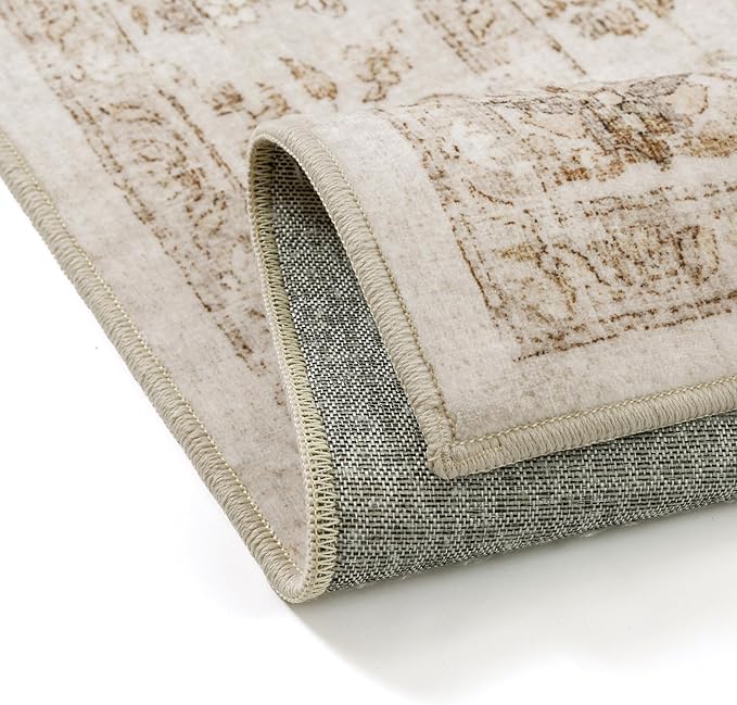 6x9 Beige Area Rug Washable Living Room Vintage Carpet Bedroom Distressed Large Non Slip Low Pile Thin Dining Room Office Medallion Accent Throw Rug