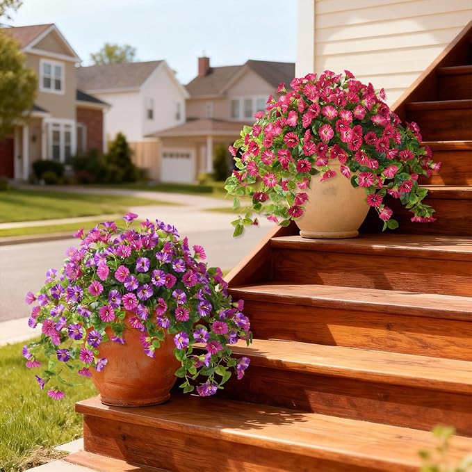 Homsunny Artificial Fake Flowers Plants for Outdoor Spring and Summer Decor, 2PCS Faux Petunias Silk Flower UV Resistant No Fade for Home Outside Garden Balcony Yard Porch and flowerpots, etc.（Red）