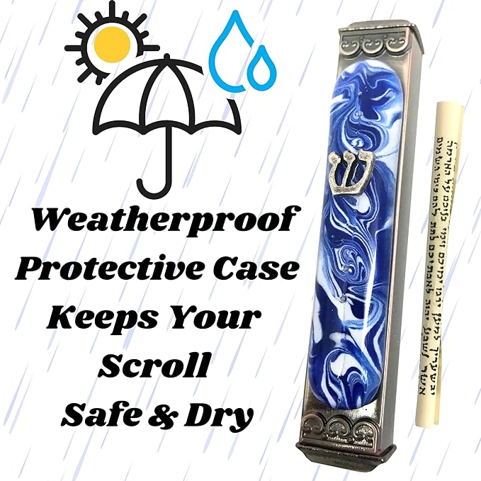Tamara Baskin Art Glass Mezuzah, Easy Mount Indoor or Outdoor Weatherproof Metal Case Gift Box and Non-Kosher Scroll Included Hand Made in USA Guaranteed for Life (Marbled Blue White)