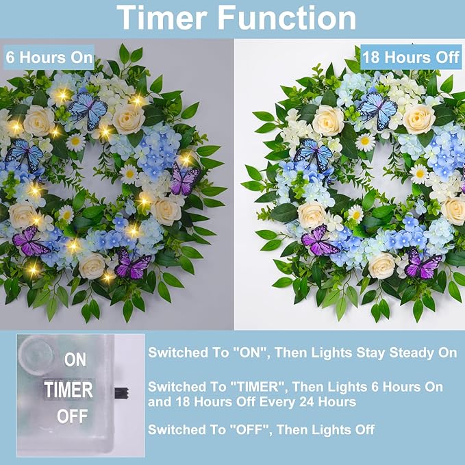[Lighted & Timer] 24" Spring Summer Wreaths for Front Door Blue Hydrangea Wreath with Lights Butterfly Rose Daisies Artificial Floral Wreath for Home Wall Window Farmhouse Wedding Indoor Outdoor Decor
