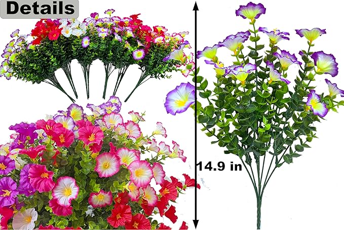 Artificial Faux Flowers for Outdoors, 12 Bundles Artificial Plants Outdoor UV Resistant, Fake Morning Glory Silk Flowers for Outside Planter Porch Patio Yard