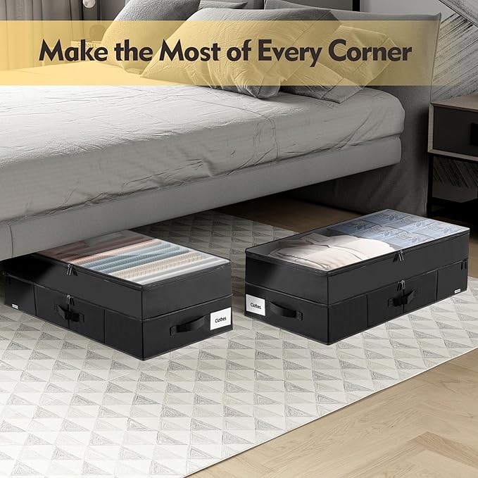 Large Under Bed Storage Containers, 2-Pack Double Layer Underbed Storage Bins with 3 Handles, 70L Extensible/Closed Clothes Storage Organizer with Sturdy Bottom Sidewalls, Black
