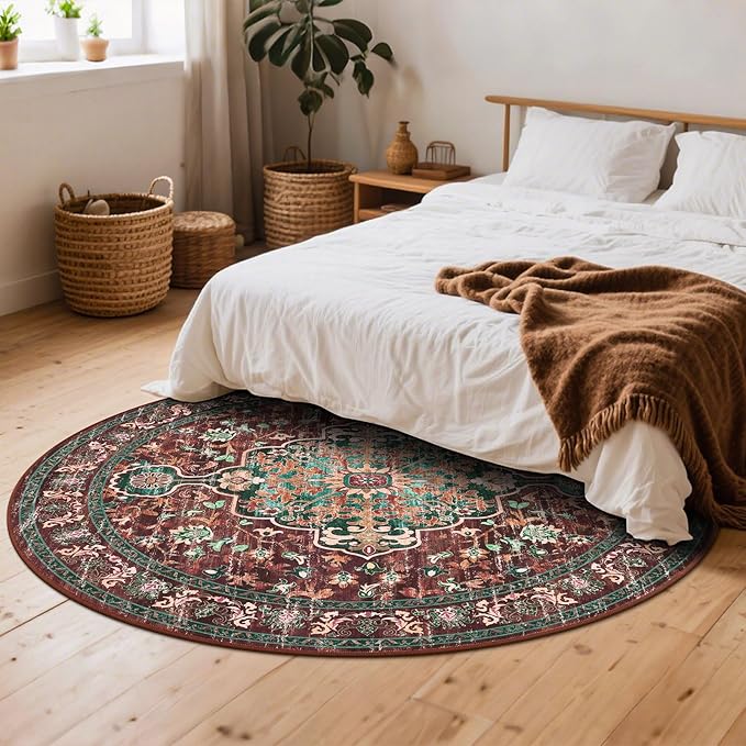 U'Artlines Boho Vintage Round Area Rug 8ft Machine Washable Low Pile Soft Floor Carpet Non Slip Non Shedding Accent Rug for Living Room Bedroom Entryway Dining Room Office Rust＆Teal