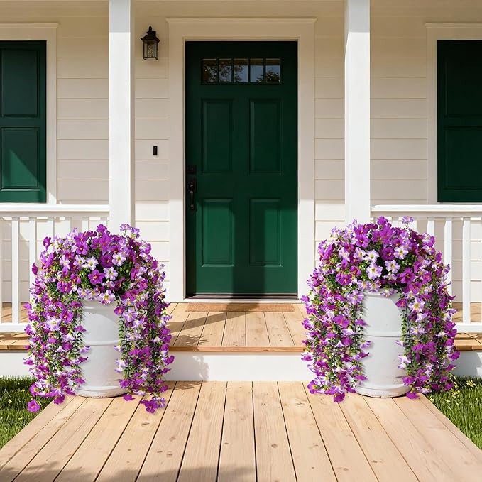 Artificial Fake Hanging Flowers Plants for Outdoor Spring Decoration,2 PCS Faux Silk Morning Glory with Eucalyptus Leaves,UV Resistant Realistic Trailing Vines for Balcony Porch Patio Yard Garden