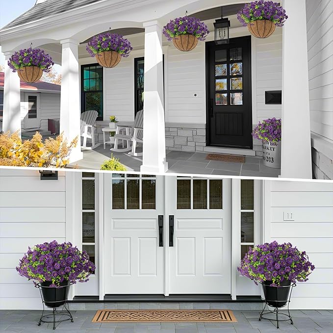Hananona 2 Set Artificial Outdoor Flowers with Hanging Basket, 2 Hanging Planters with 24 Pcs Flowers for Spring Summer Front Porch Garden Patio Home Decor (2, Purple)