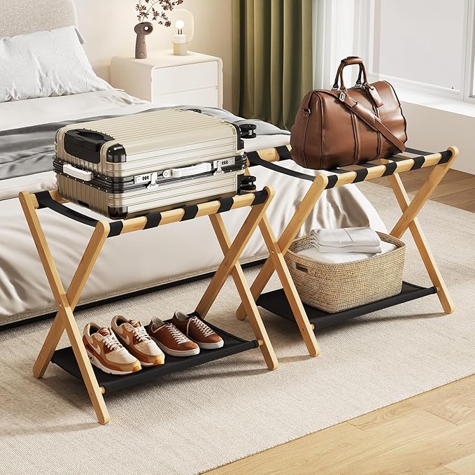 Fully Assembled Luggage Racks Pack of 2, Bamboo Natural Foldable Luggage Rack for Guest Room, Suitcase Stand with Fabric Storage Shelf for Hotel, 5 Nylon Straps, 26.77" W x 16.93" D x 22.5" H