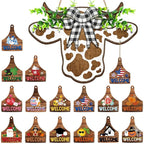 Suzile 16 Pcs Cow Decor Welcome Sign Wooden Cow Head Door Wreath Sign with Buffalo Plaid Bow Interchangeable Hanging Ornaments for Christmas Farmhouse Home Front, 16.5 x 12 Inch