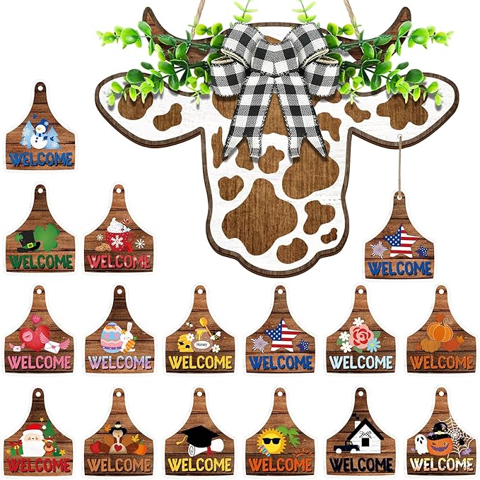 Suzile 16 Pcs Cow Decor Welcome Sign Wooden Cow Head Door Wreath Sign with Buffalo Plaid Bow Interchangeable Hanging Ornaments for Christmas Farmhouse Home Front, 16.5 x 12 Inch