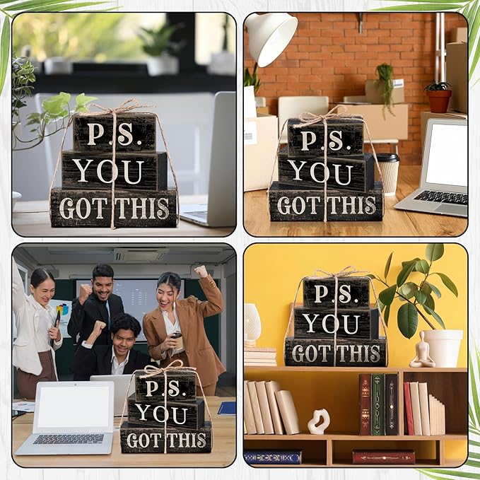 Yuntau 4 Pcs Farmhouse Motivational Office Desk Black Decor P. S. You Got This Wooden Tabletop Inspirational Tiered Tray Decorations Rustic Sign Block Gift for Women Home Kitchen Shelf