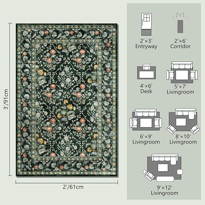 Vintage Botanical Dark Green Entryway Rug, 2x3 Kitchen Rugs Non Slip Washable Boho Green Forest Design, Soft Door Mat Indoor Entrance, Ultra-Thin Easy Clean Small Throw Carpet for Bedroom Bathroom