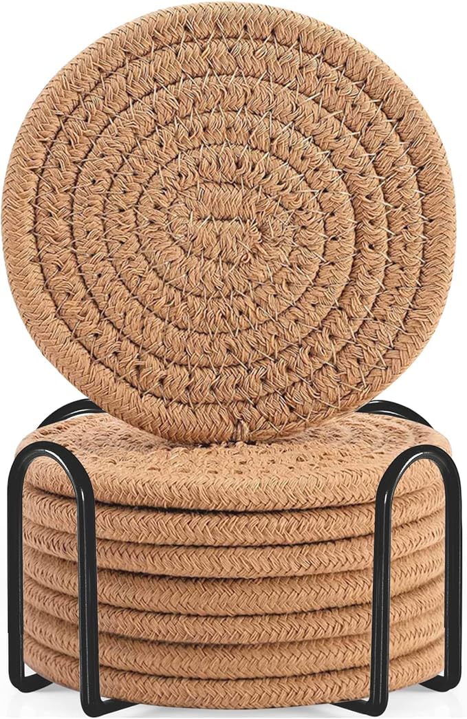 ABenkle 8 Pcs Drink Coasters with Holder, Cotton Woven Absorbent Coasters for Drinks, Minimalist Home Decor Coaster Set for Wooden Tabletop Protection Table, 4.3 inches Brown