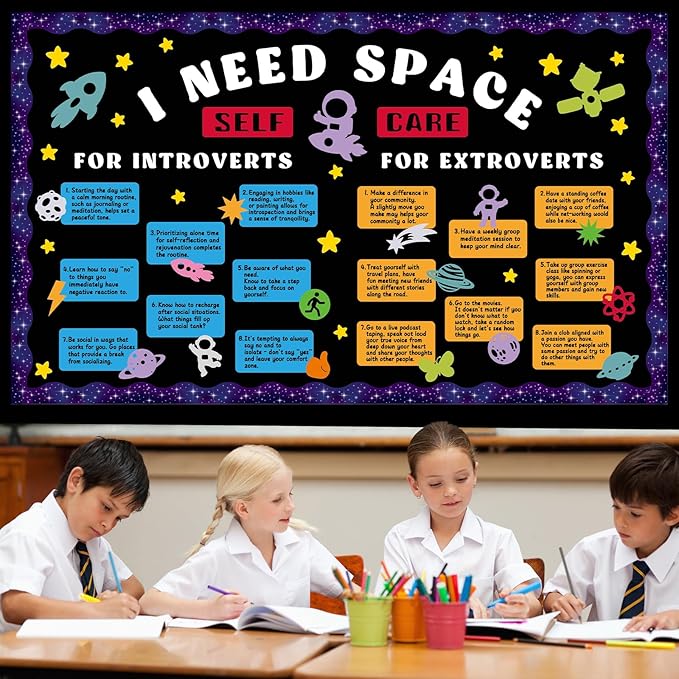 Outer Space Bulletin Board Set Astronaut Classroom Decorations I Need Space Self Care Mental Health Galaxy Planet Rocket Solar System Cutouts for Back to School Chalkboard Nursery Teacher Supplies
