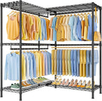 E15 Pro Garment Rack L Shaped Clothes Rack for Corner，Freestanding Clothing Racks for Hanging Clothes，Heavy Duty Closet System with 4 Hanging Rods & 8 S Hooks，48.8"W x 15.8"D x 78.4"H，Black