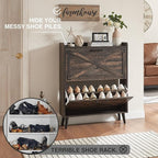 Shoe Storage Cabinet,Farmhouse Shoe Organizer with 2 Flip Drawers & Barn Door Design,Freestanding Hidden Slim Narrow Shoe Rack Cabinet for Entryway,Foyer,Hallway,Dark Oak