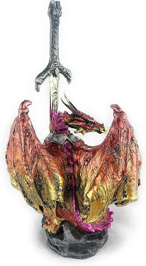 Ain't It Nice Dragon Statue with Medieval Sword and Crystal Ball - Collectible Dragon Figurine, Red - 4(L) 3.5(W) 7(H) inches