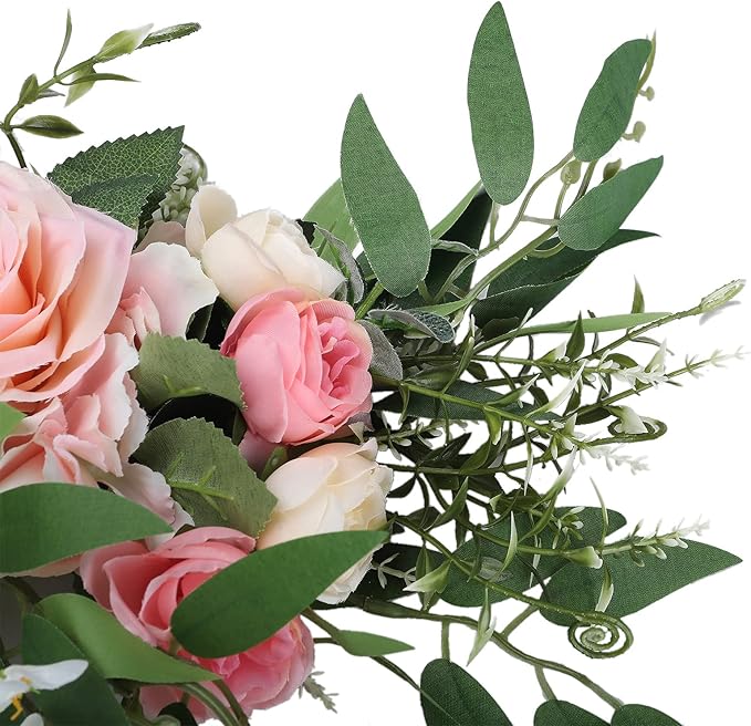 MSUIINT 25.6 Inch Artificial Rose Flower Swag with Green Leaves, Handmade Fake Plant for Front Door, Wedding Arch Flowers Spring Floral Swag, Wall Hanging Swag for Home Party Decor(Pink)