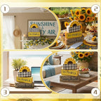 Lineshading 4 Pcs Farmhouse Sunflower Table Decorations Stackable Rustic Wooden Sunflower Block Signs Summer Tiered Tray Decor Centerpiece Rustic Country Sunshine Themed Decor for Home Mantel Shelf