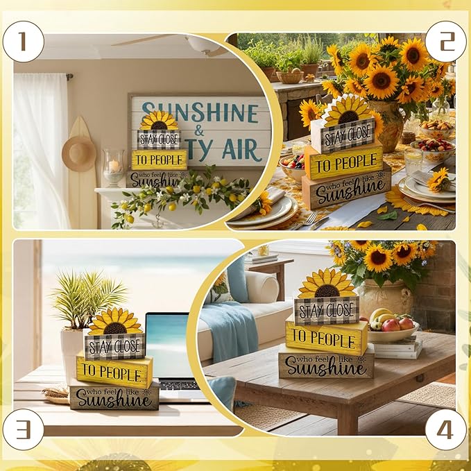 Lineshading 4 Pcs Farmhouse Sunflower Table Decorations Stackable Rustic Wooden Sunflower Block Signs Summer Tiered Tray Decor Centerpiece Rustic Country Sunshine Themed Decor for Home Mantel Shelf