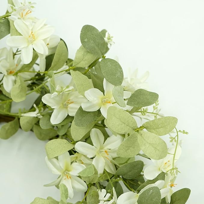 WreathDream 18'' Spring Wreath Summer Wreath for Front Door with Green Eucalyptus Leaves and White Cherry Blossoms for Home Outdoor Farmhouse Porch Wall Decoration, White Gift Box Included