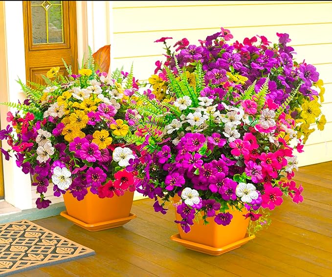 Artificial Flowers for Outdoors, 16 Bundles Artificial Plants Outdoor Fake Flowers UV Resistant, Outdoor Fake Plants Faux Silk Flowers for Porch Outside Planter Window Box Garden