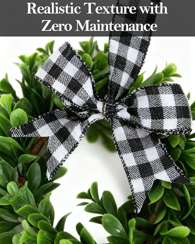 6 Pcs 9" Mini Eucalyptus Wreaths for Kitchen Cabinets, Small Farmhouse Greenery Wreath with Buffalo Check Bow, Realistic Boxwood Leaf Window Indoor Outdoor Decor, UV Protected