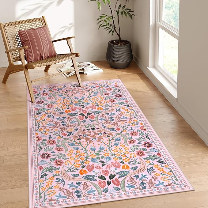 Moynesa Floral 3x5 Pink Rug for Bedroom Girls, Washable Soft Nursery Rug Non Slip, Boho Small Living Room Throw Carpet, Ultra Thin Flower Indoor Area Rug for Kids Room Dorm, Pink