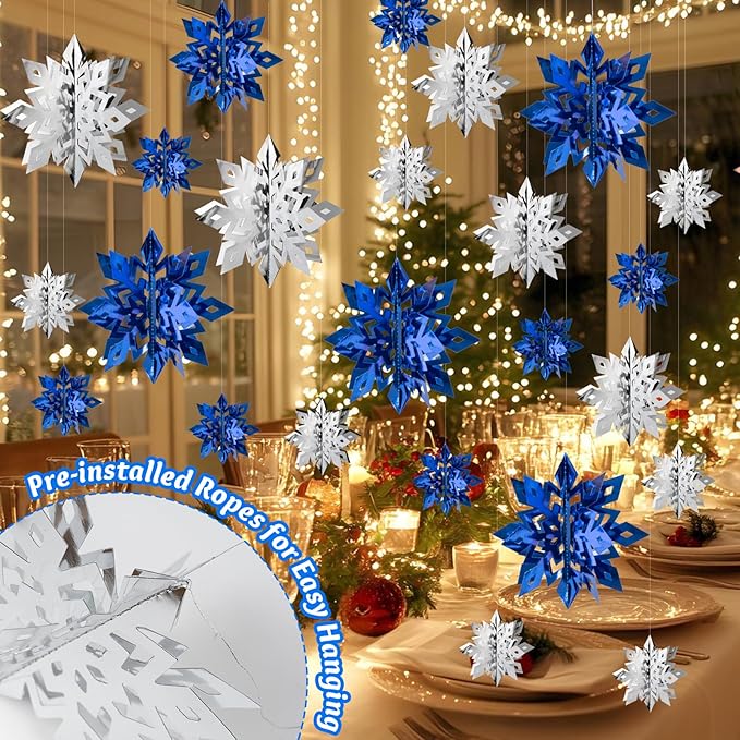 OuMuaMua Winter Christmas Snowflake Decorations Indoor, 36PCS 3D Silver Blue Snowflakes Christmas Hanging Ornaments for Home Xmas Holiday Winter Wonderland New Year Party Decor Supplies